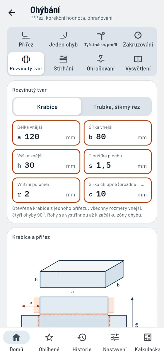 Gesello: Ohýbání – Rozvinutý tvar krabice