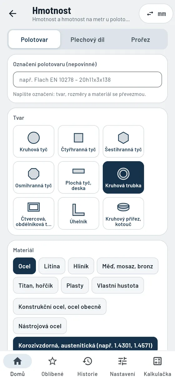 Gesello: Hmotnosti – Trubka z korozivzdorné oceli