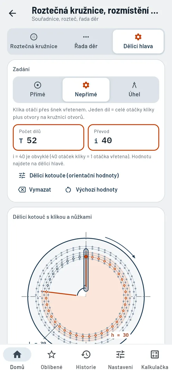 Gesello: Roztečné kružnice a rozmístění děr – dělicí hlava
