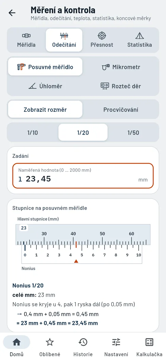 Gesello: měření a kontrola – odečítání na posuvném měřidle