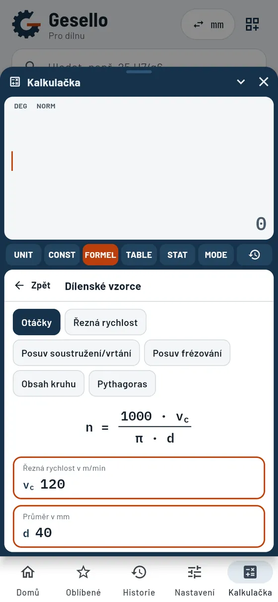 Gesello: Kalkulačka – Dílenské vzorce