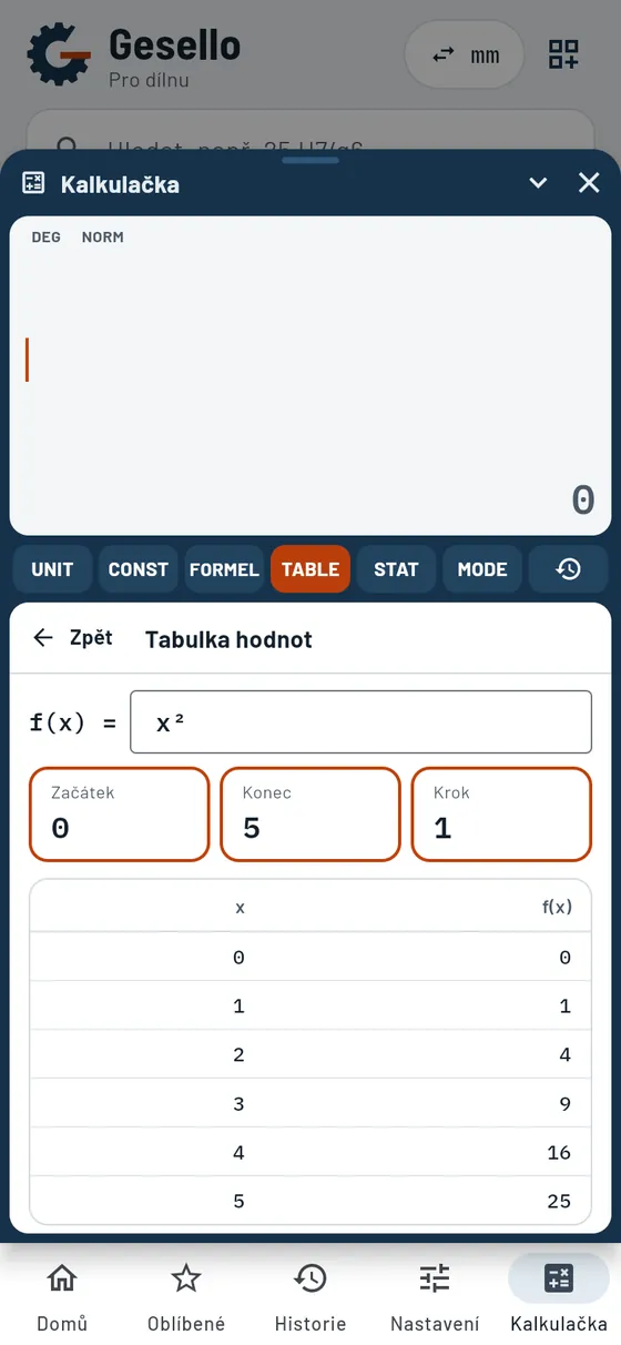 Gesello: Kalkulačka – Tabulka hodnot