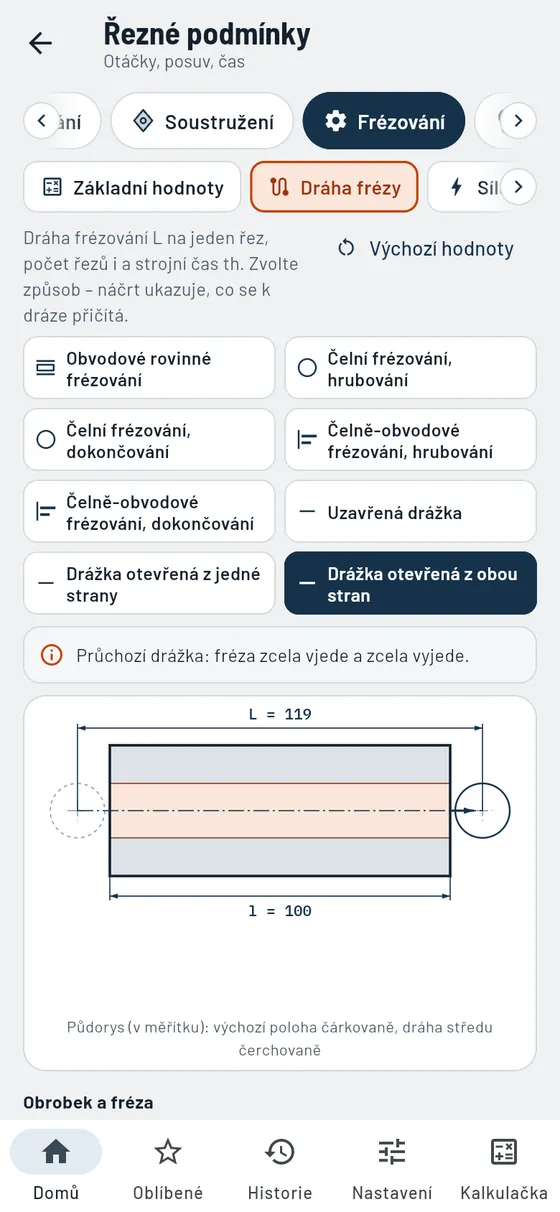 Gesello: Řezné podmínky – dráha frézy a čas