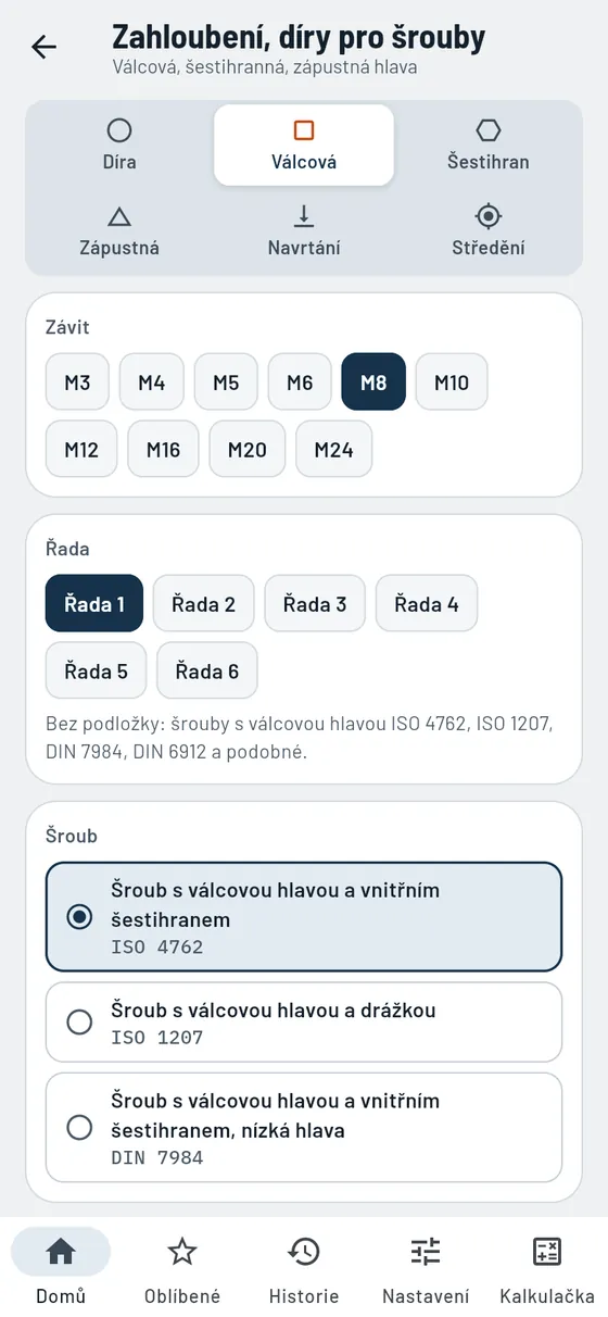 Gesello: Zahloubení a díry pro šrouby – válcové zahloubení M8