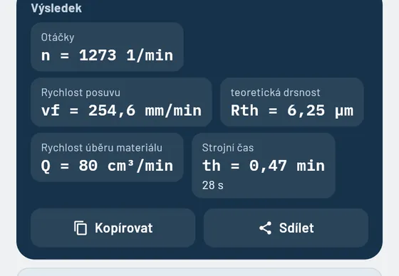 Takto to vypadá v aplikaci Gesello: Řezné podmínky