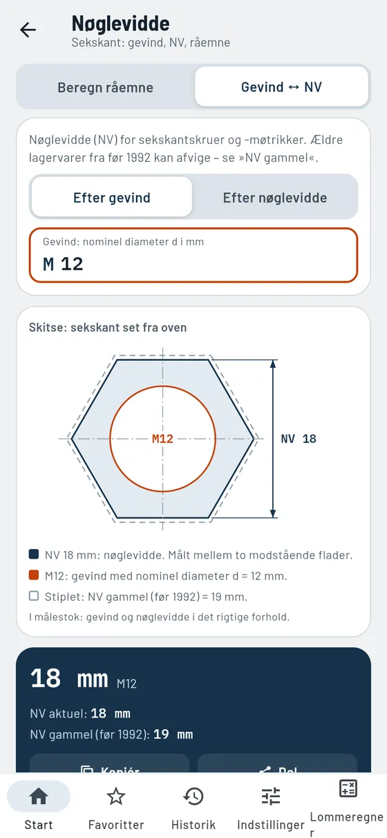 Gesello: nøglevidder – passende nøglevidde til gevindet