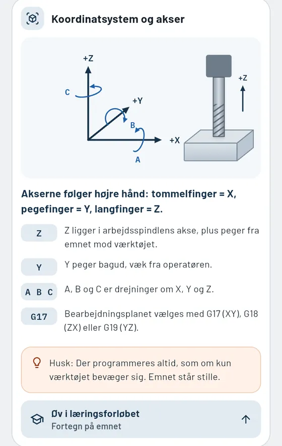 Gesello: Emnekort om koordinatsystem og akser ved fræsning