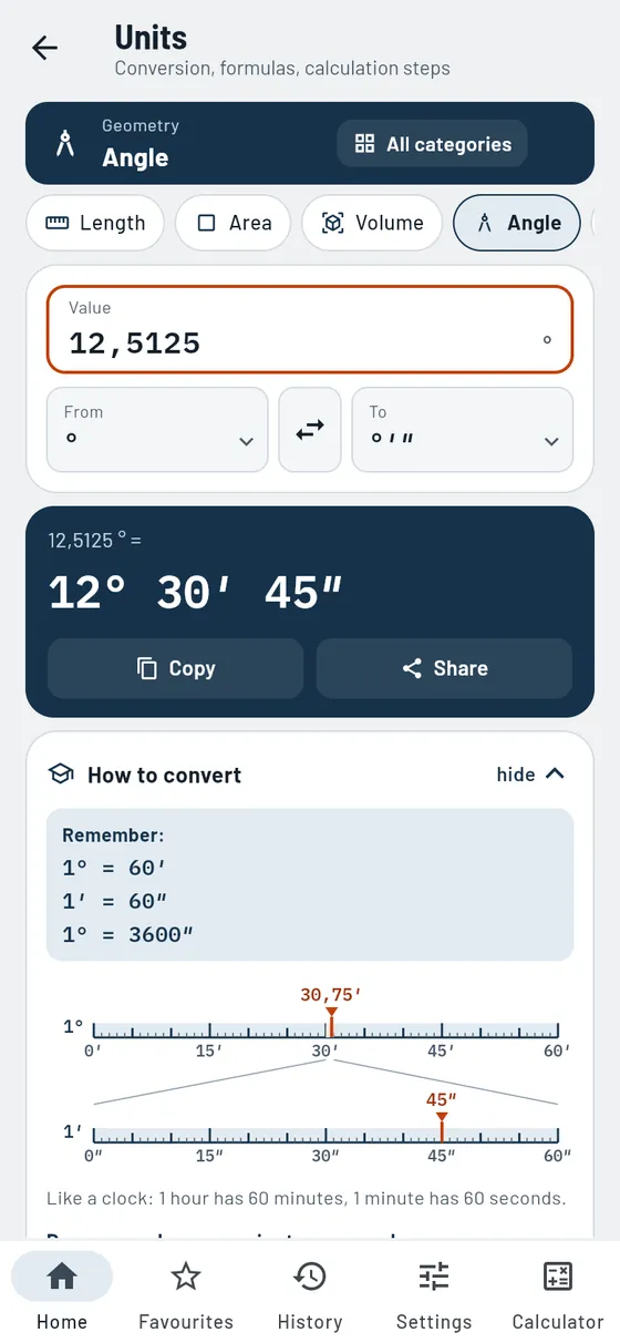 Gesello: Units – Angle in degrees, minutes, seconds