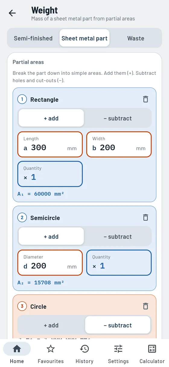 Gesello: Weights – Sheet metal part from sub-areas
