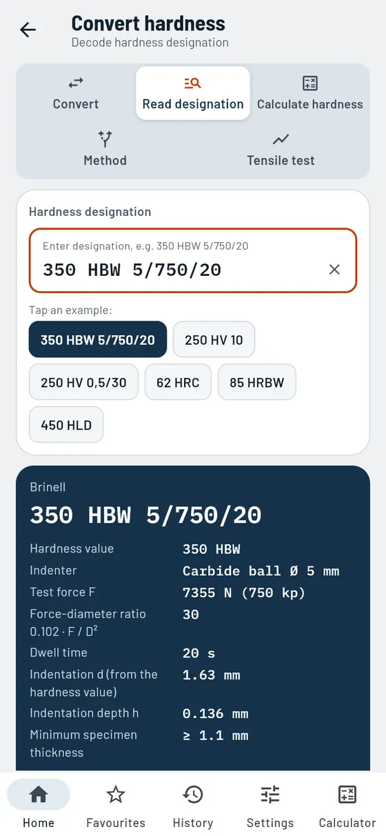 Gesello: Hardness conversion – Read hardness designation