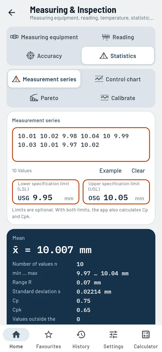 Gesello: measurement series with Cpk