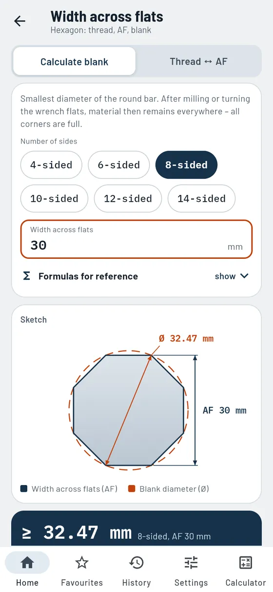 Gesello: widths across flats – octagon from round bar