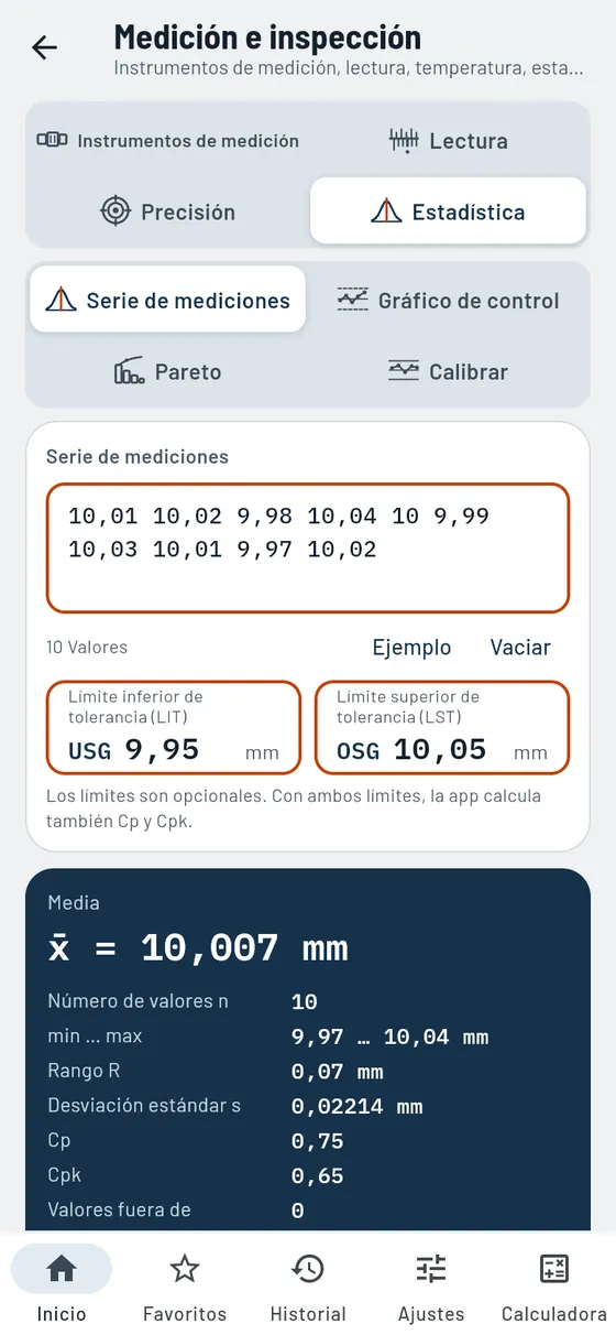 Gesello: serie de mediciones con Cpk