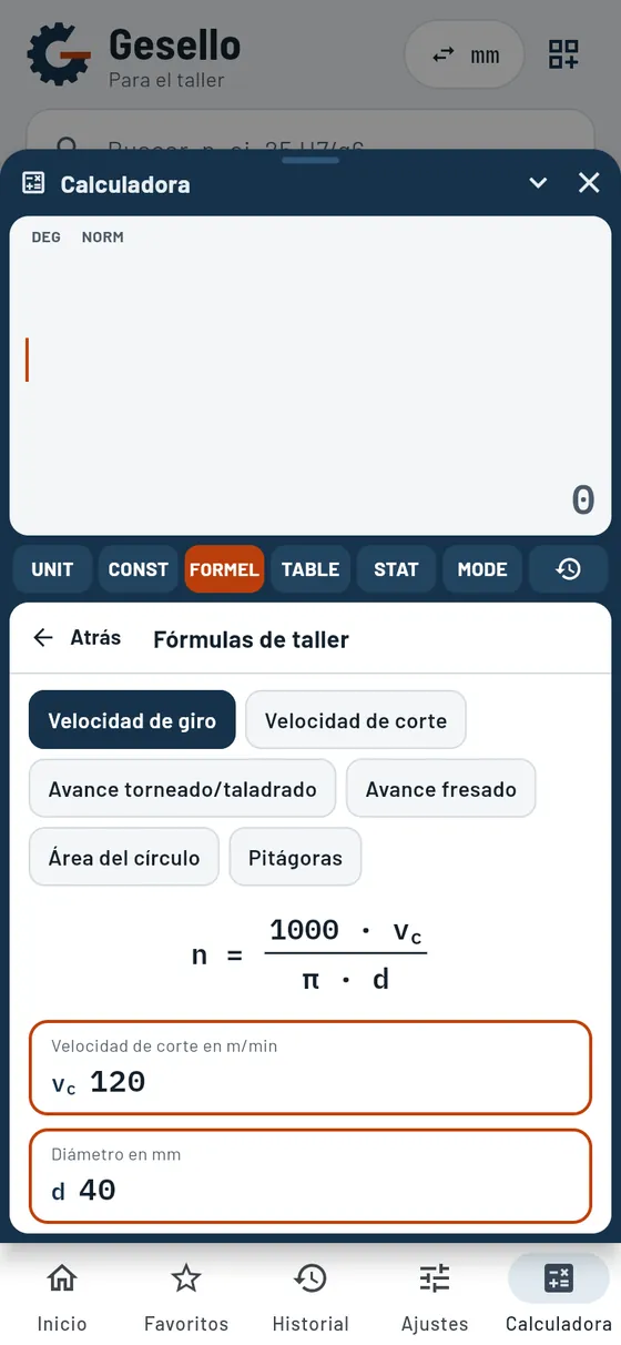 Gesello: Calculadora – Fórmulas de taller