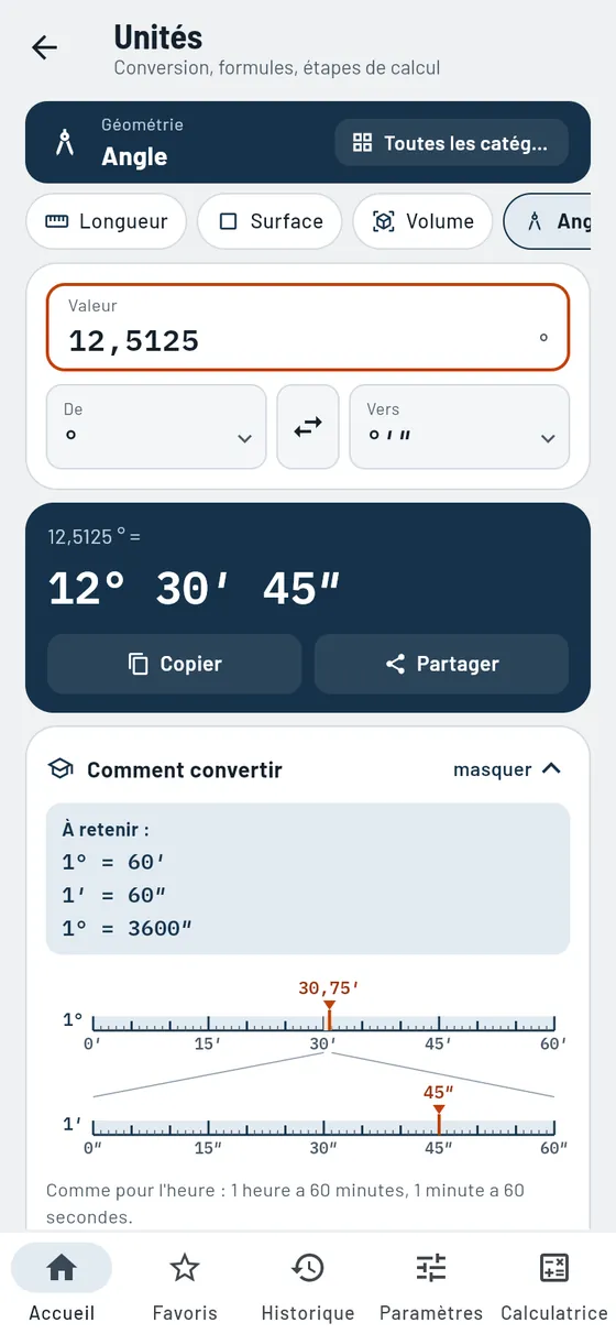 Gesello : Unités – Angle en degrés, minutes, secondes