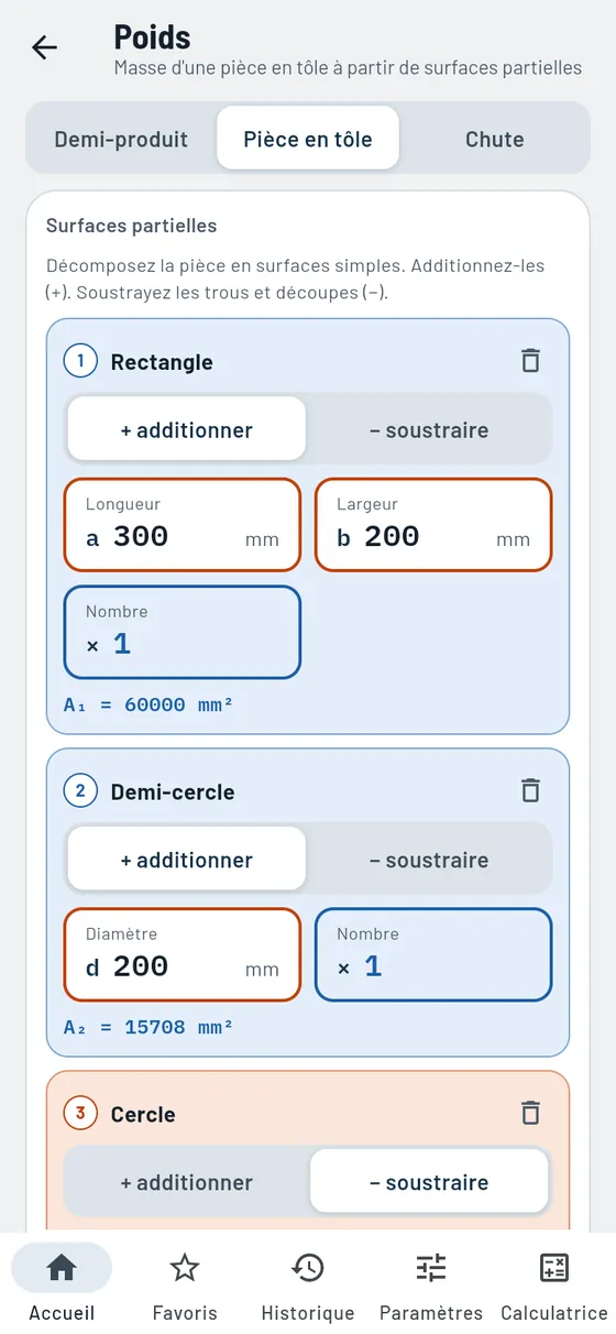 Gesello&nbsp;: Poids – Pièce en tôle à partir de surfaces partielles