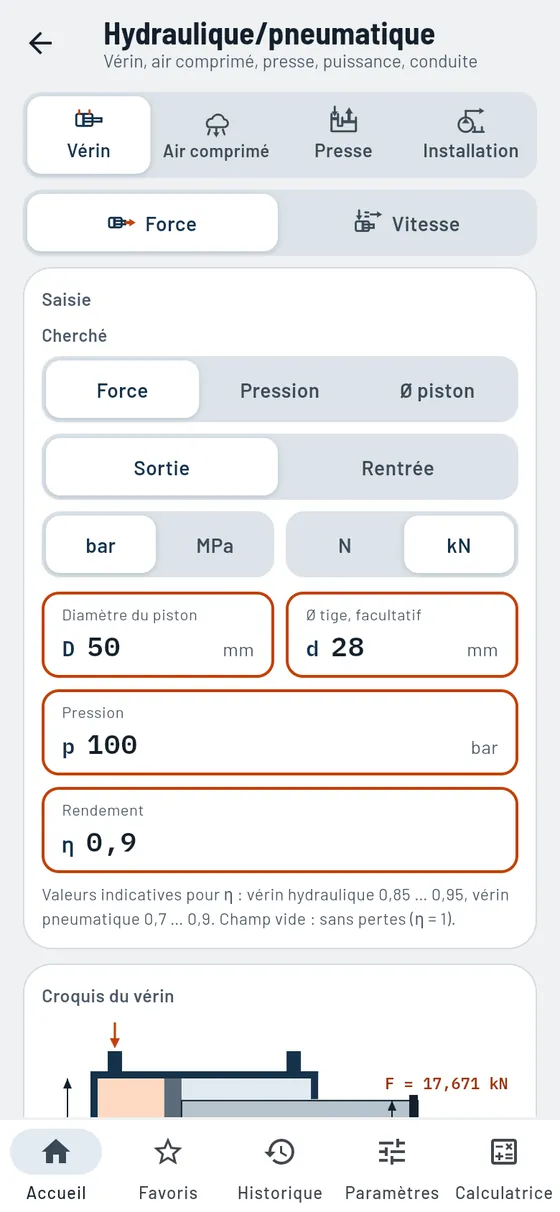 Gesello&nbsp;: Hydraulique et pneumatique – Effort du vérin