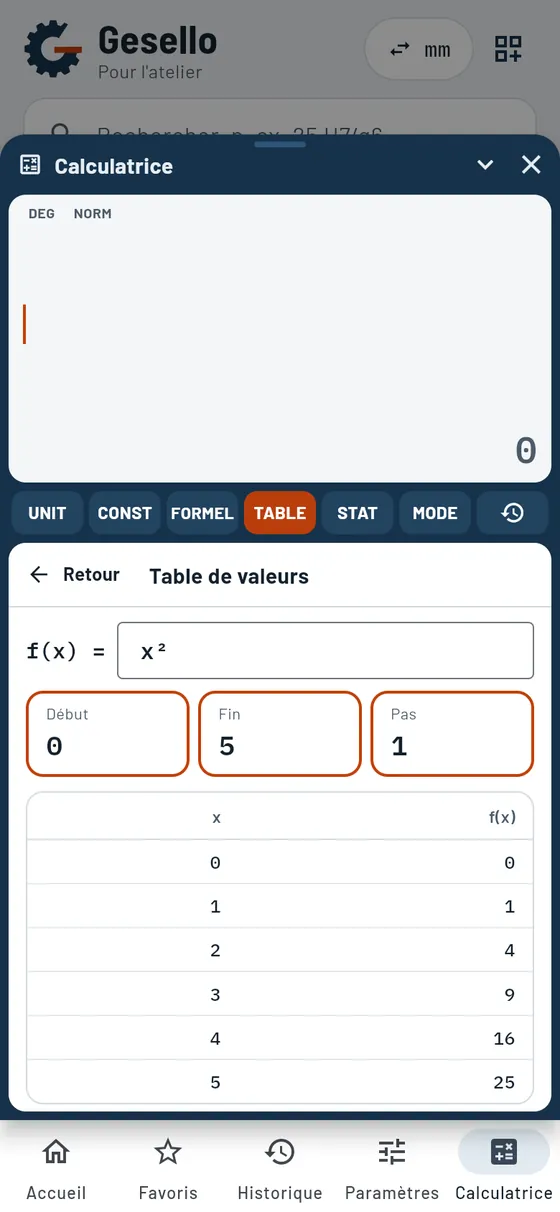 Gesello : Calculatrice – Table de valeurs