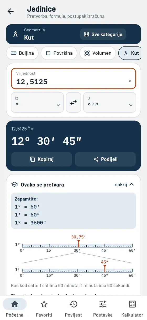 Gesello: jedinice – kut u stupnjevima, minutama, sekundama