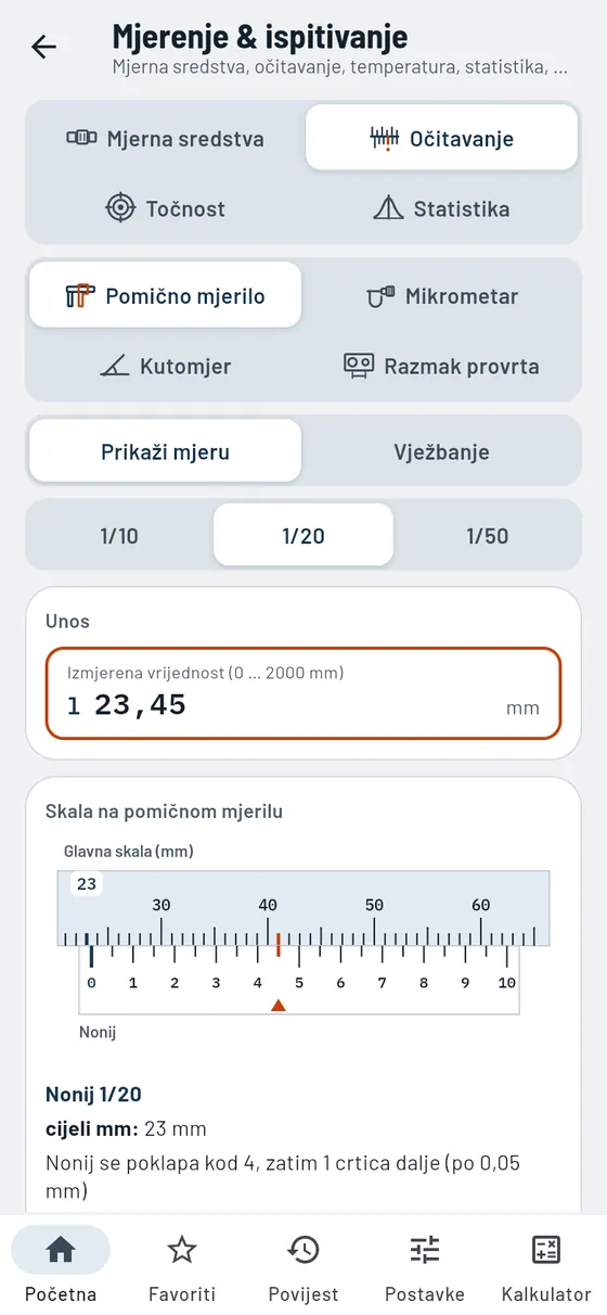 Gesello: mjerenje & ispitivanje – očitavanje pomičnog mjerila