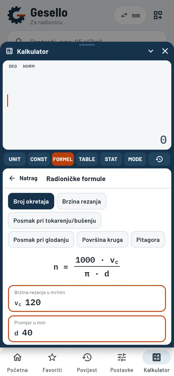 Gesello: kalkulator – radioničke formule