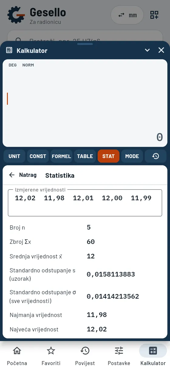 Gesello: kalkulator – statistika