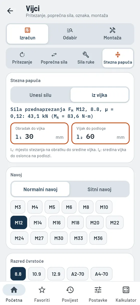 Gesello: vijci – duljina stezanja i sile