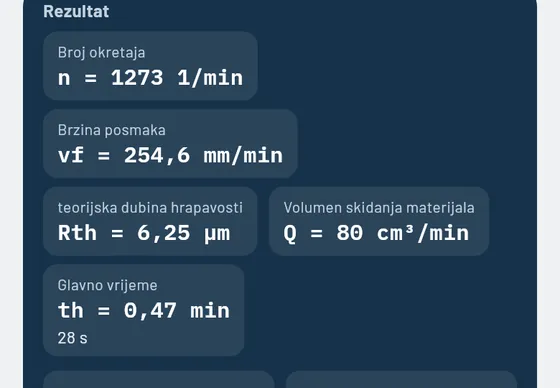 Ovako to izgleda u aplikaciji Gesello: parametri rezanja