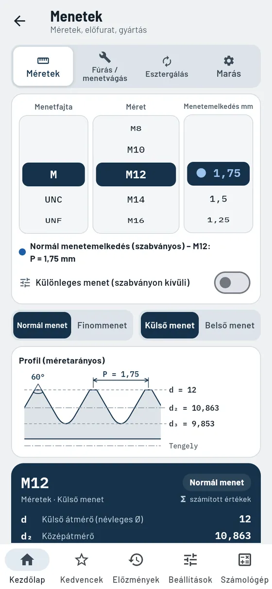 Gesello: menetek – M12-es külső menet