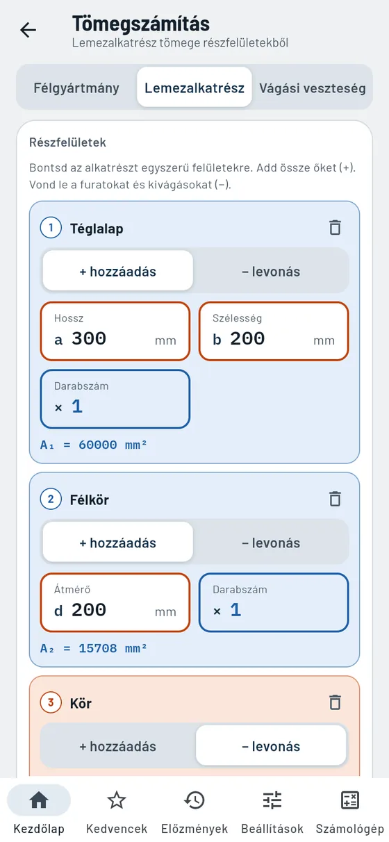 Gesello: Tömegszámítás – Lemezalkatrész részfelületekből