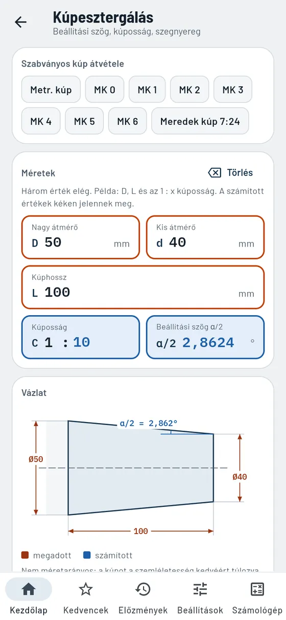 Gesello: kúpesztergálás – kúp kiszámítása