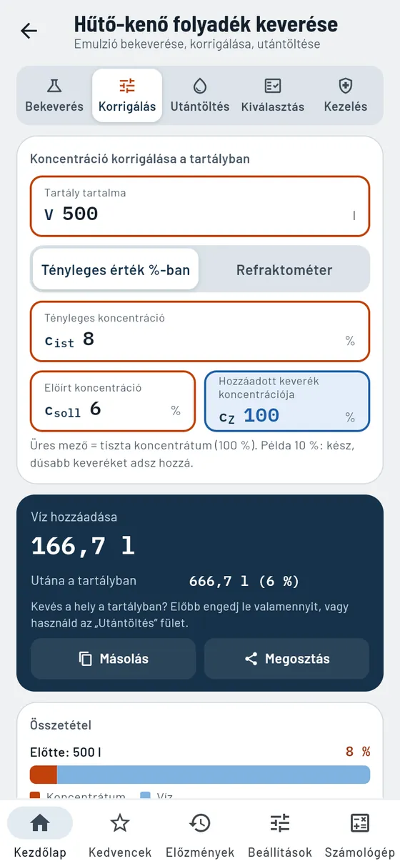 Gesello: hűtő-kenő folyadék – koncentráció korrigálása
