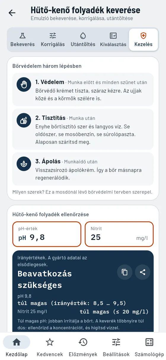 Gesello: hűtő-kenő folyadék – karbantartás és ellenőrző értékek
