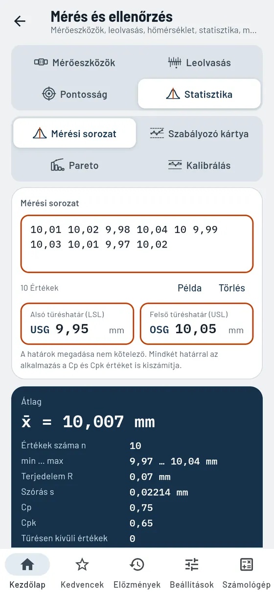 Gesello: mérési sorozat Cpk-értékkel