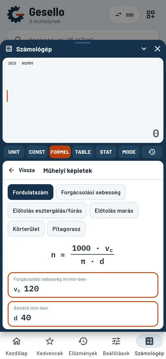 Gesello: Számológép – Műhelyi képletek