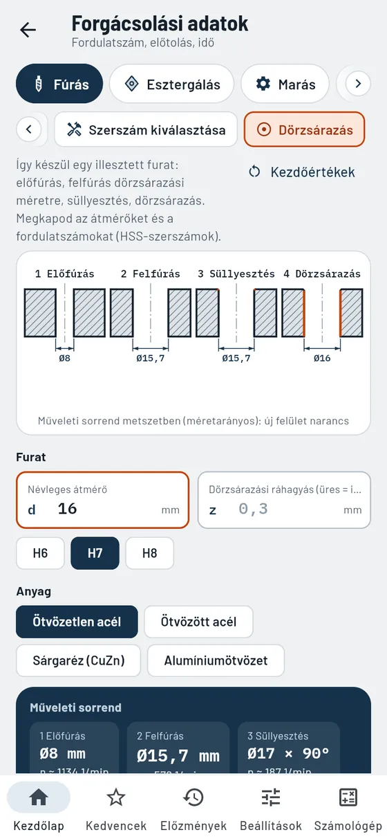 Gesello: forgácsolási adatok – dörzsárazás