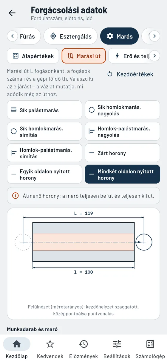 Gesello: forgácsolási adatok – marópálya és idő