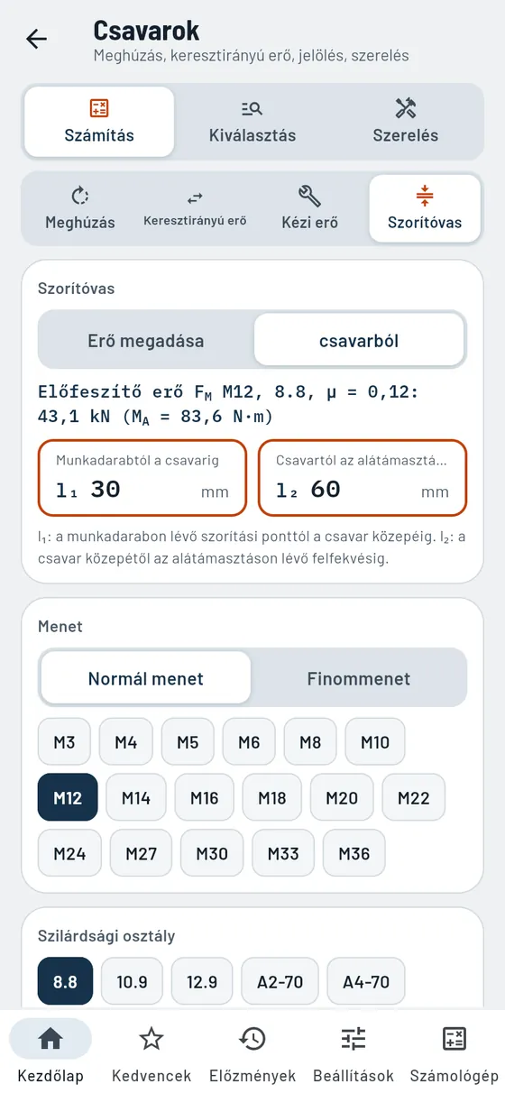 Gesello: csavarok – szorítási hossz és erők