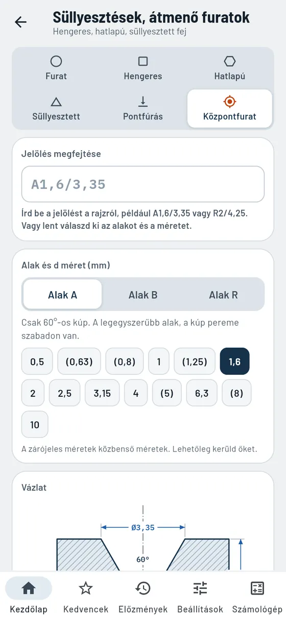 Gesello: süllyesztések és átmenő furatok – központfurat