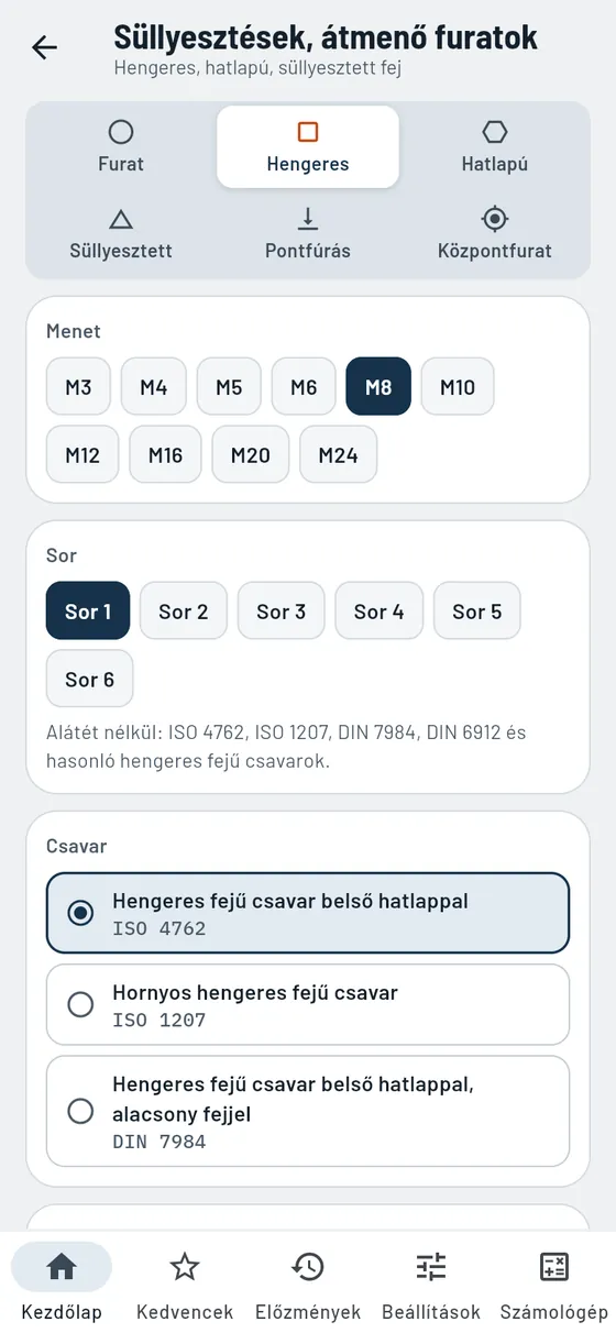 Gesello: süllyesztések és átmenő furatok – M8-as hengeres süllyesztés