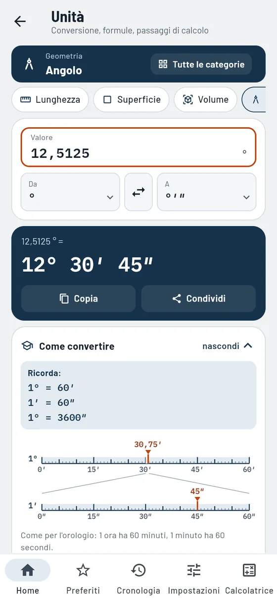 Gesello: Unità – Angolo in gradi, primi, secondi
