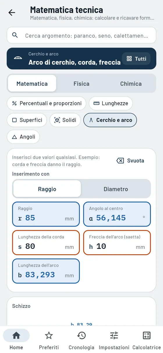 Gesello: lunghezza dell'arco con schizzo, formula e passaggi di calcolo