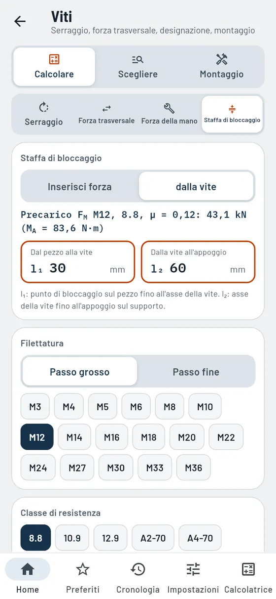 Gesello: viti – lunghezza di serraggio e forze