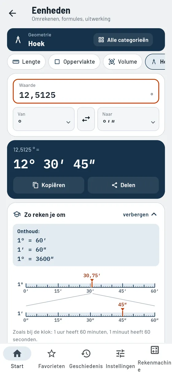 Gesello: eenheden – hoek in graden, minuten, seconden