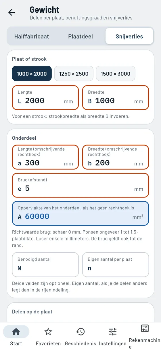 Gesello: gewichten – snijverlies op de plaat