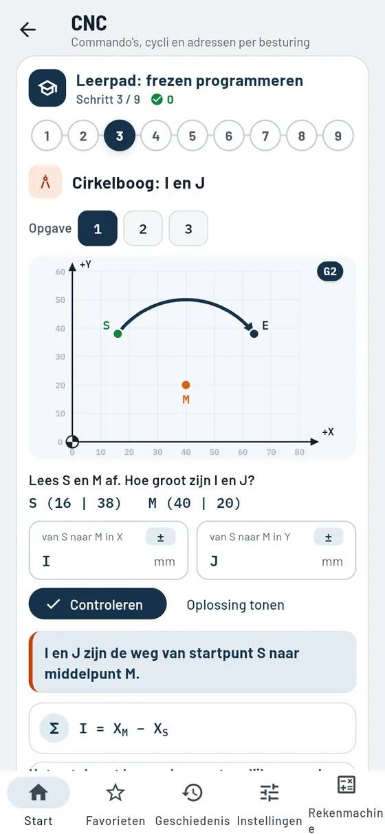 Gesello: CNC-leerpad, cirkelboogtrainer met I en J