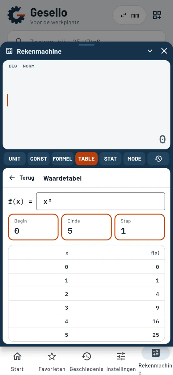 Gesello: rekenmachine – waardetabel