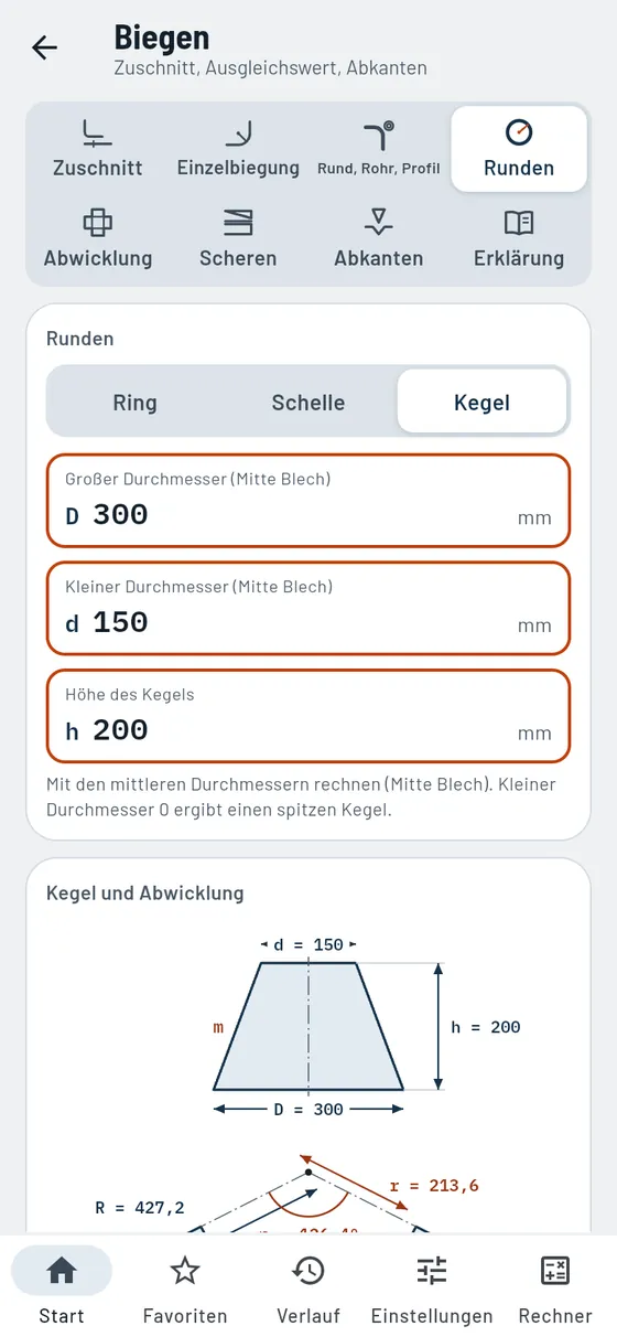 Gesello: Biegen – Runden: Kegelmantel
