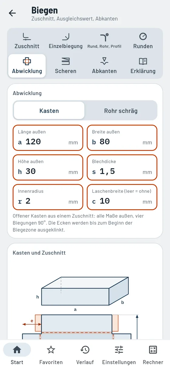 Gesello: Biegen – Abwicklung Kasten