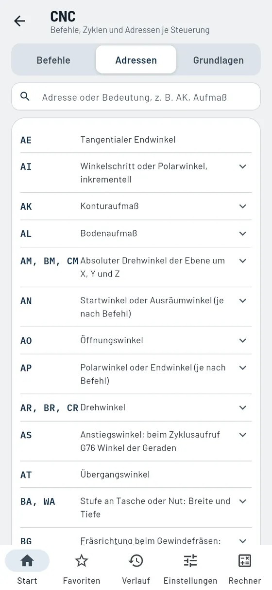 Gesello: Adressen der CNC-Befehle alphabetisch mit Suche